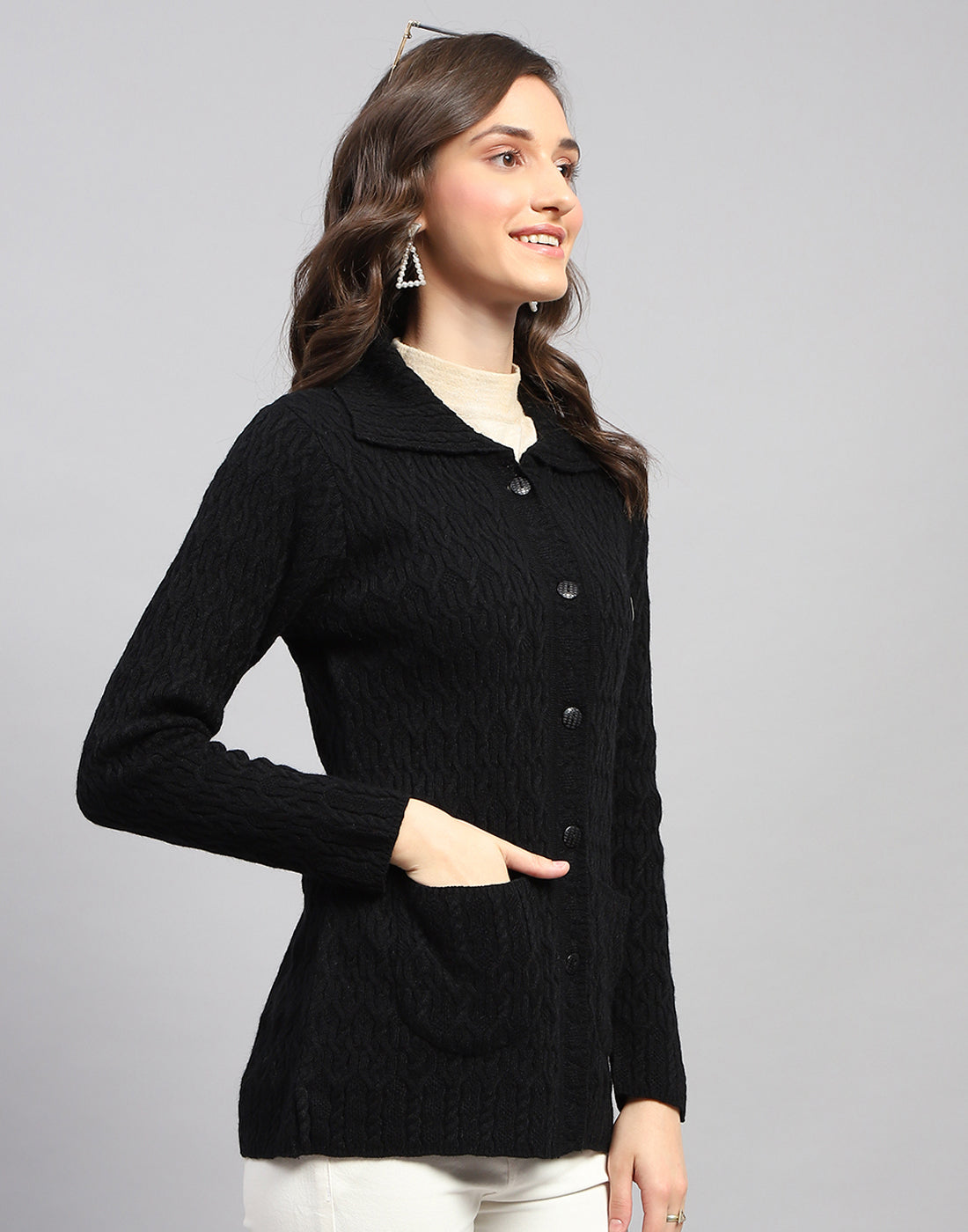 Women Navy Blue Self Design Collar Full Sleeve Cardigan