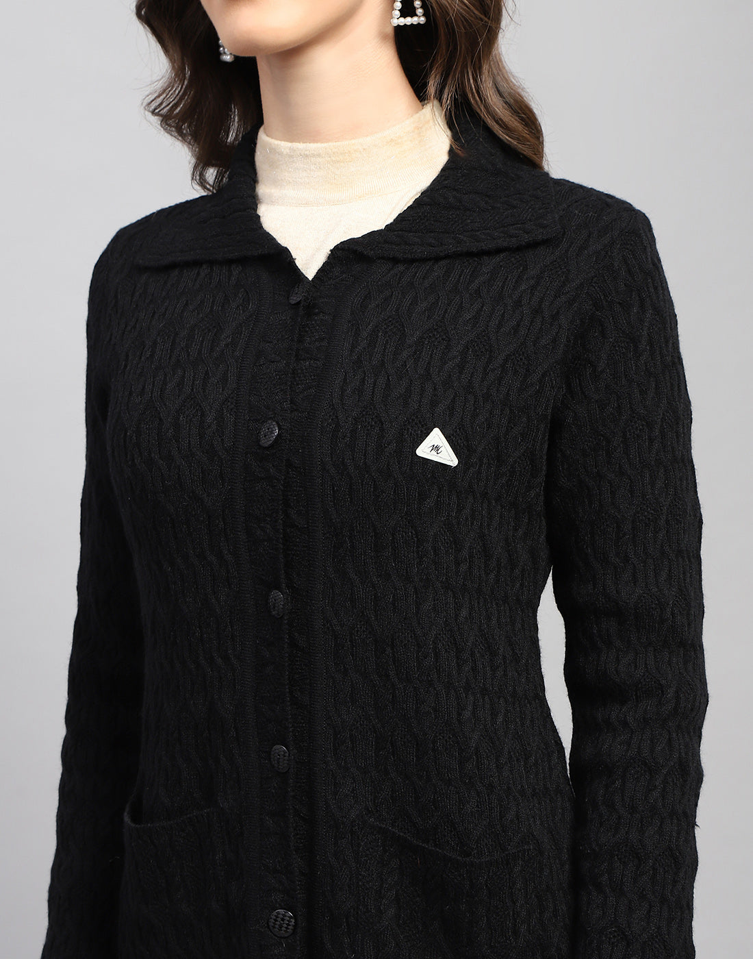 Women Navy Blue Self Design Collar Full Sleeve Cardigan