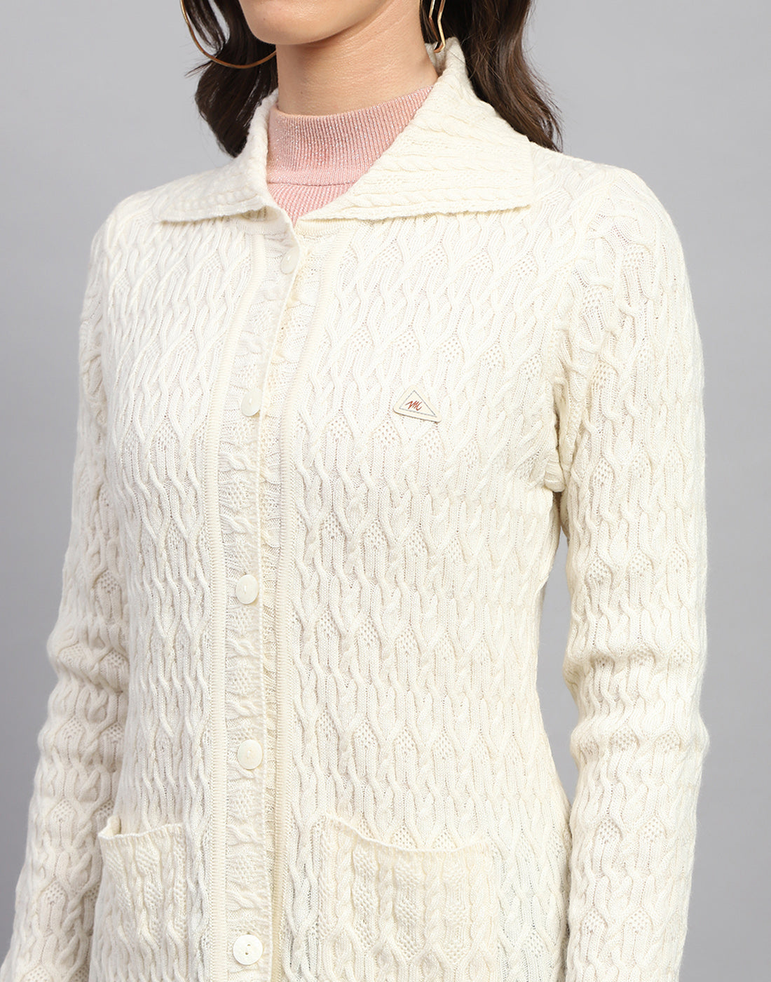 Women White Self Design Collar Full Sleeve Cardigan