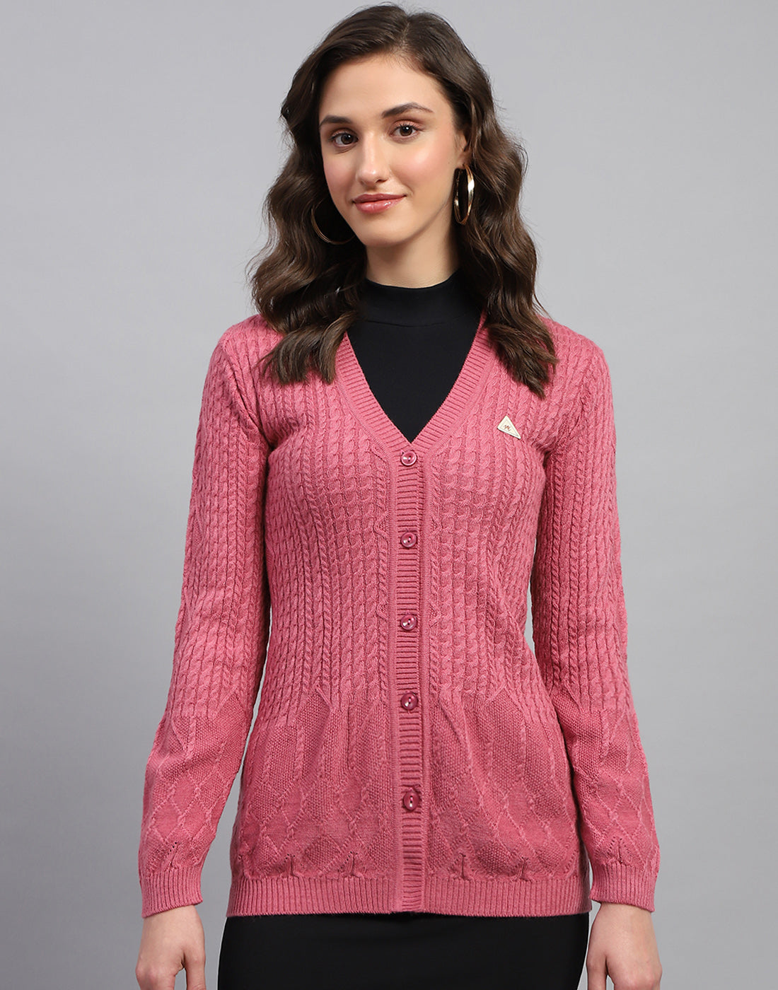 Women Pink Self Design V Neck Full Sleeve Cardigan