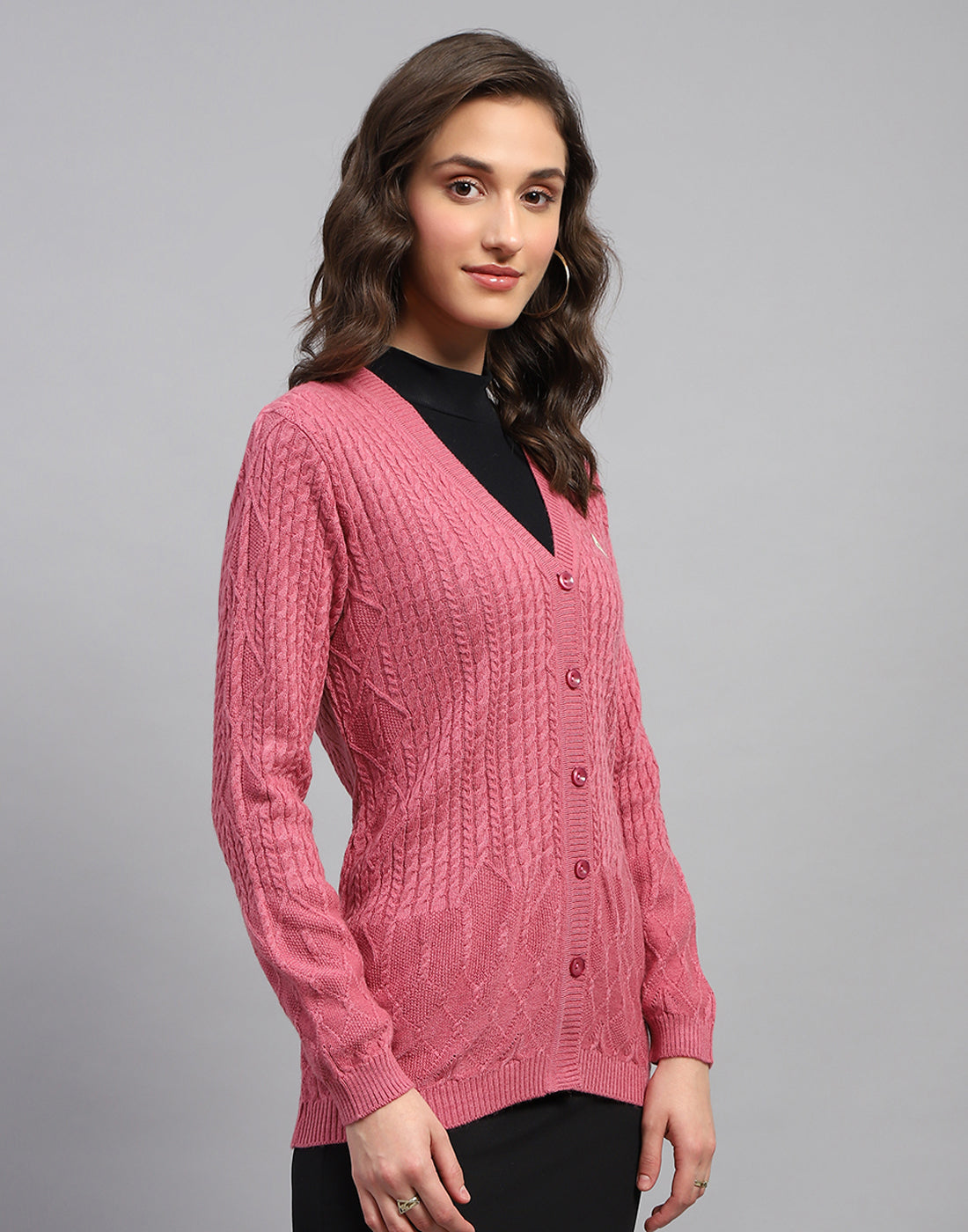 Women Pink Self Design V Neck Full Sleeve Cardigan