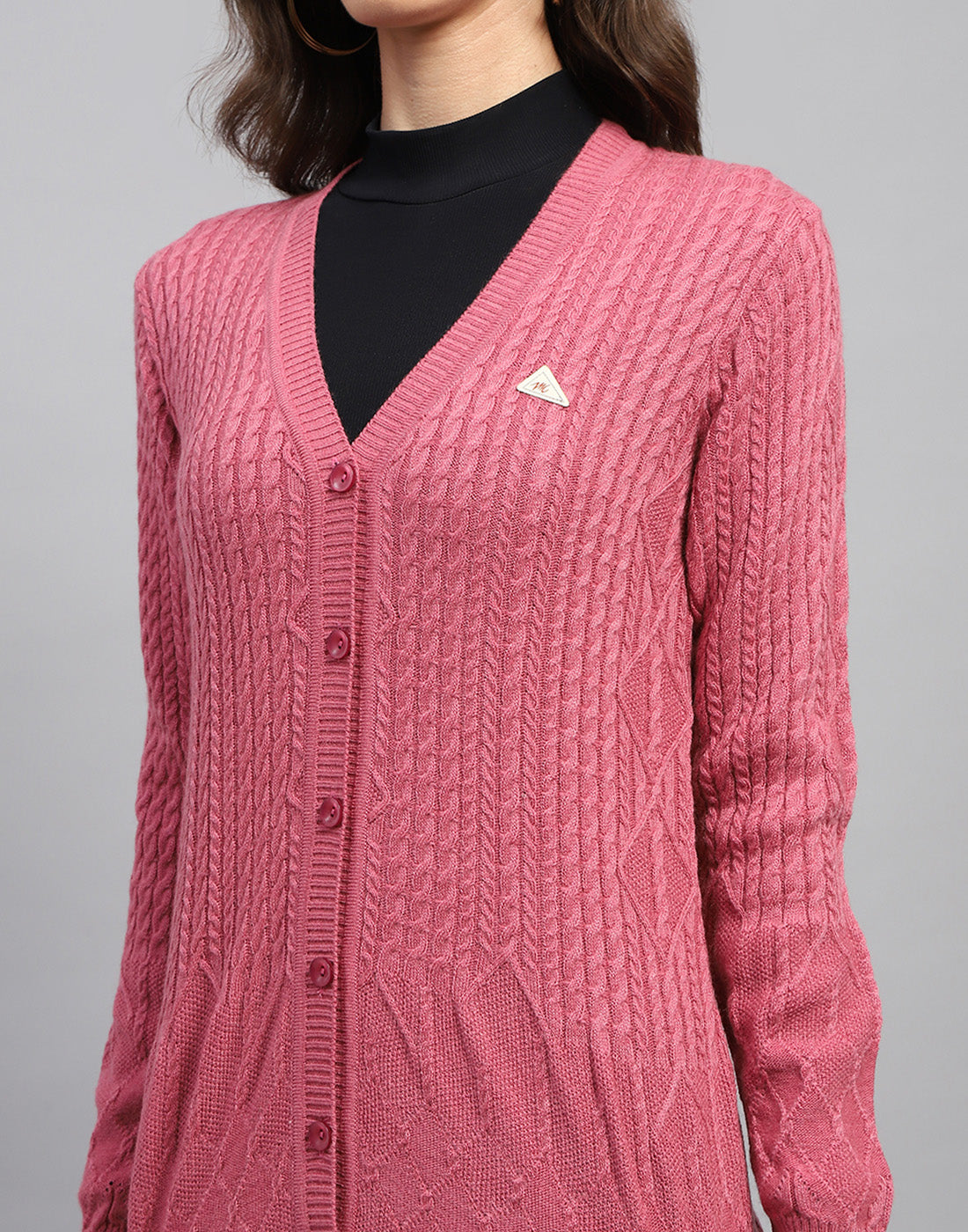 Women Pink Self Design V Neck Full Sleeve Cardigan