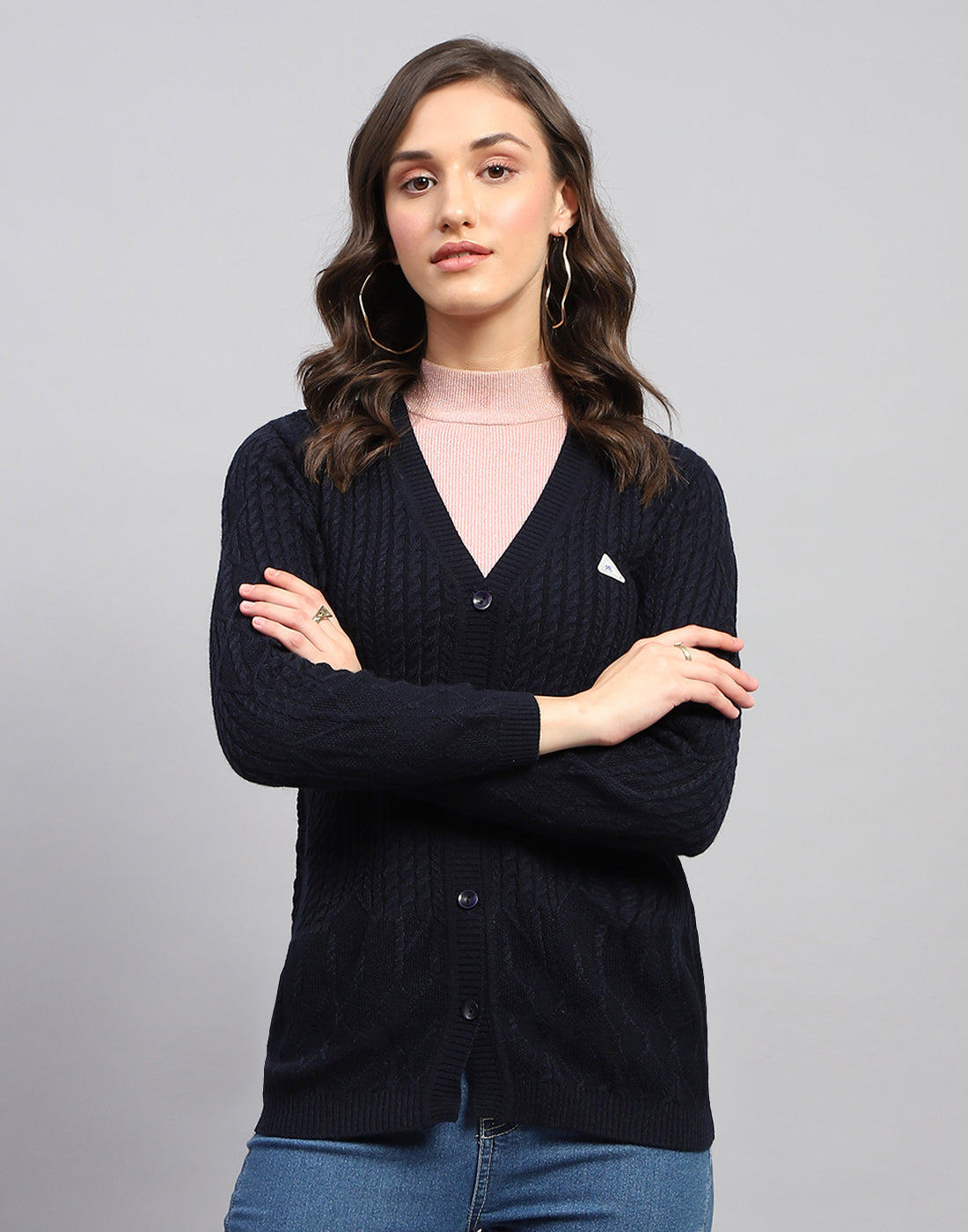 Women Navy Blue Self Design V Neck Full Sleeve Cardigan