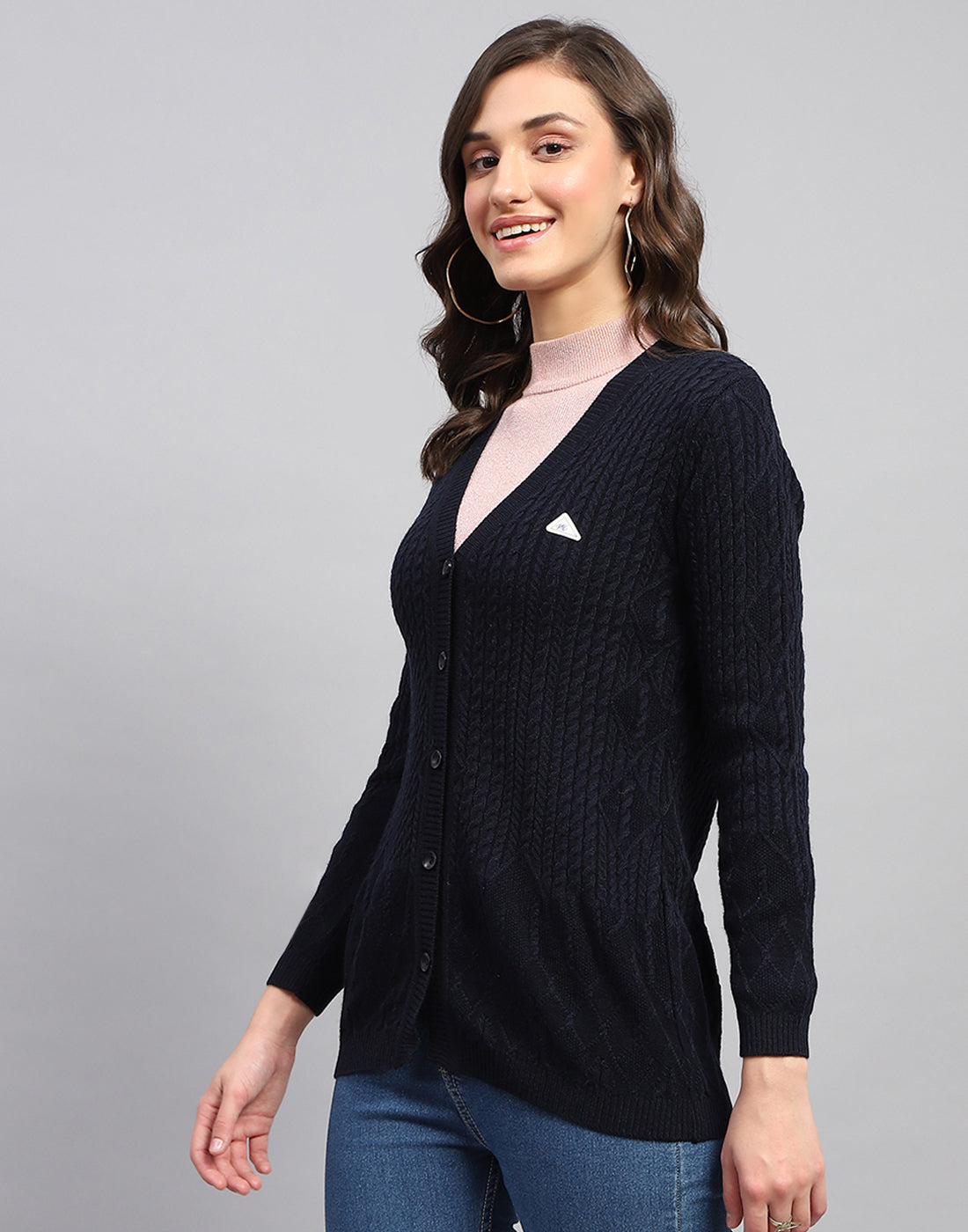 Women Navy Blue Self Design V Neck Full Sleeve Cardigan