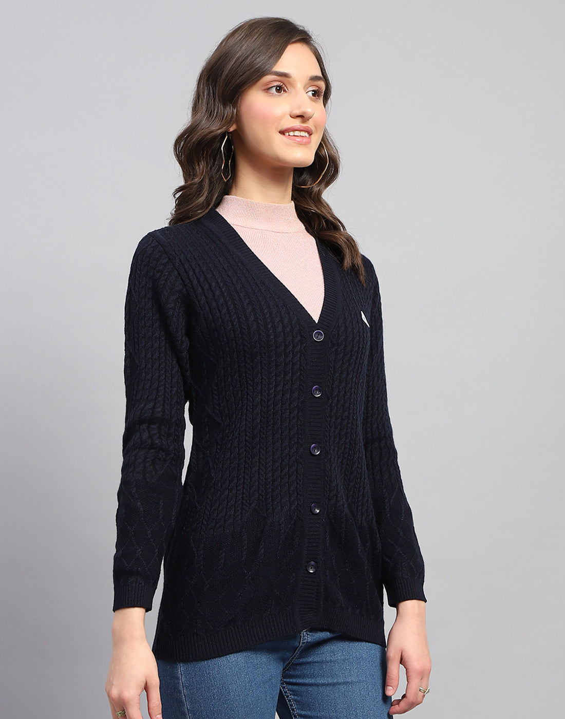 Women Navy Blue Self Design V Neck Full Sleeve Cardigan