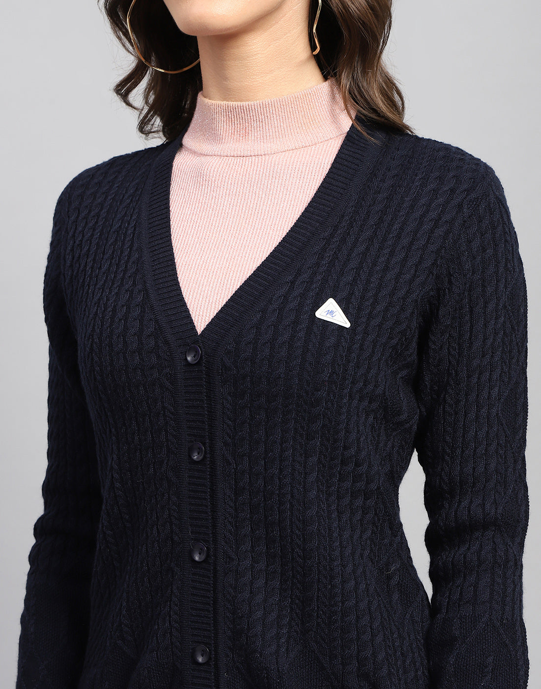 Women Navy Blue Self Design V Neck Full Sleeve Cardigan