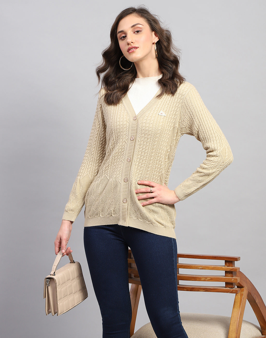 Women Beige Self Design V Neck Full Sleeve Cardigan