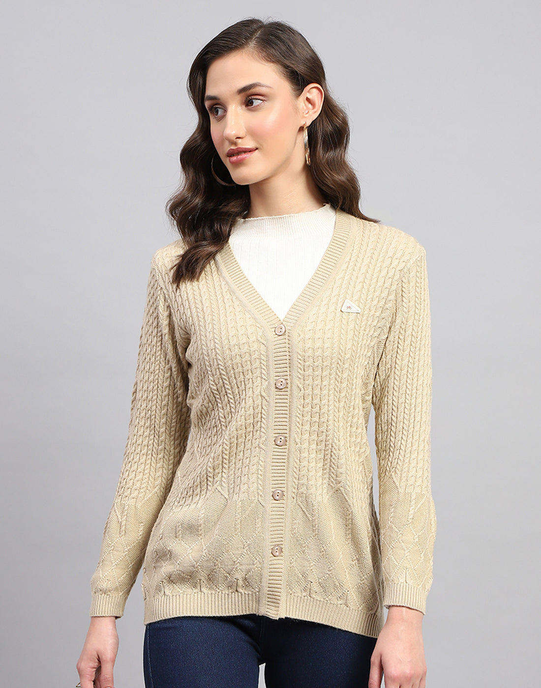 Women Beige Self Design V Neck Full Sleeve Cardigan