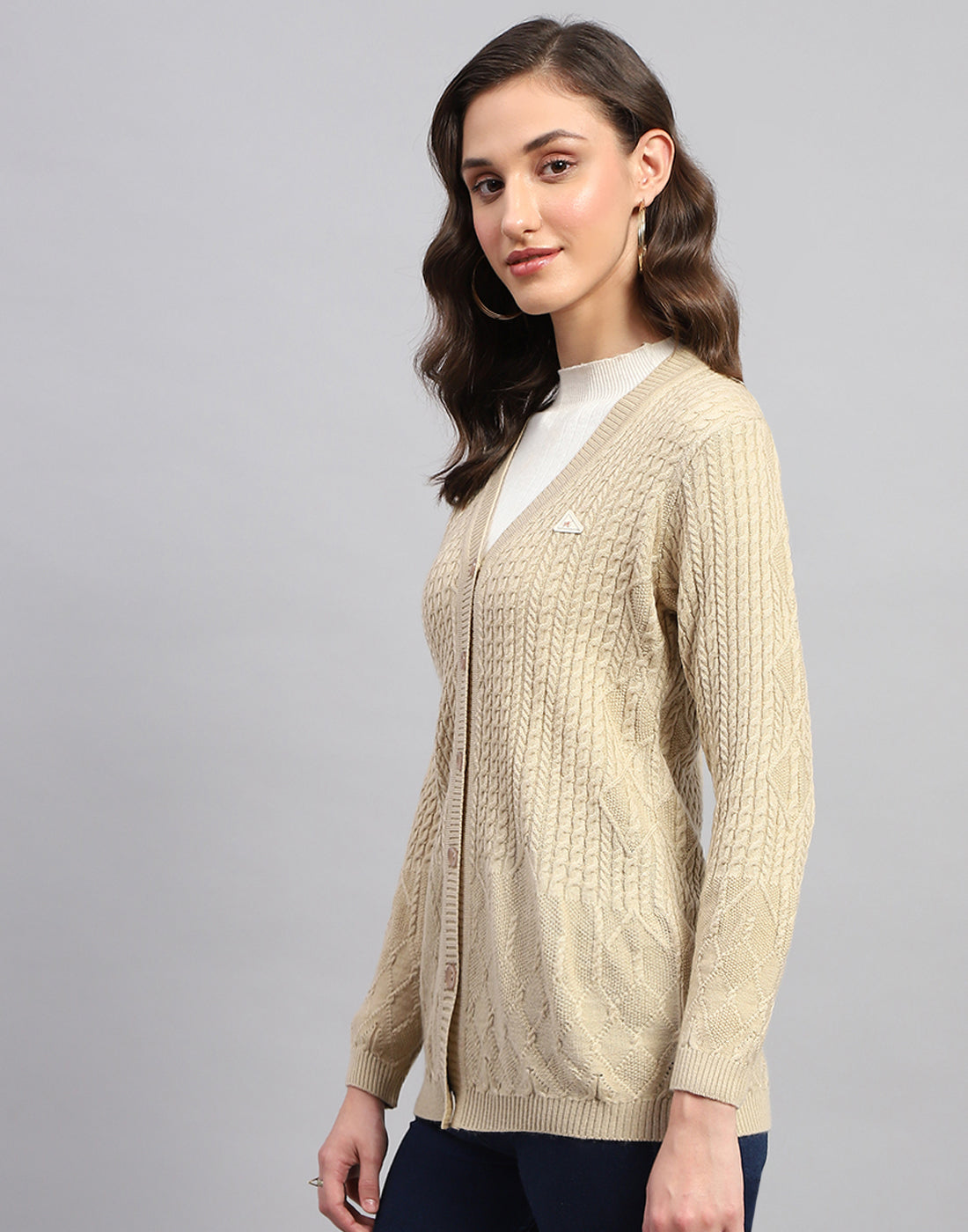 Women Beige Self Design V Neck Full Sleeve Cardigan