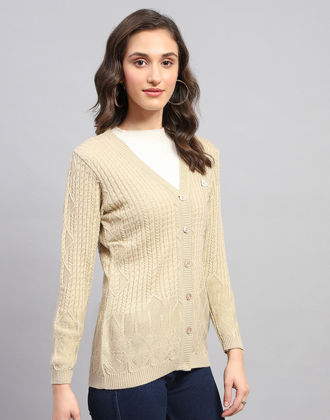 Women Beige Self Design V Neck Full Sleeve Cardigan