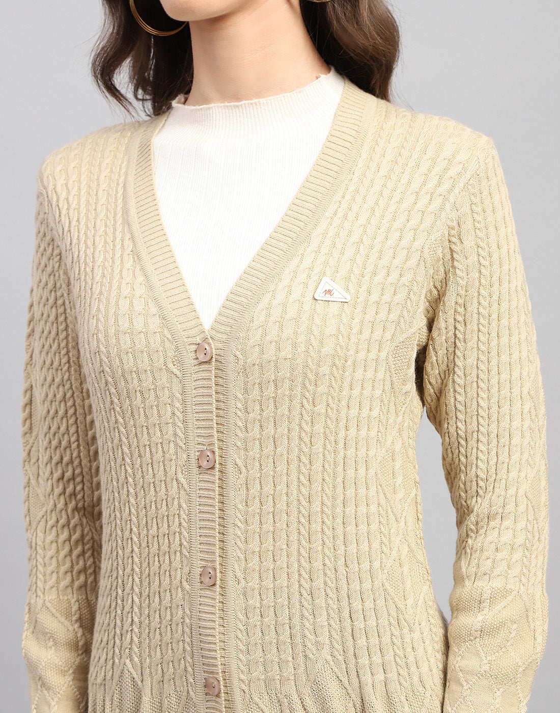 Women Beige Self Design V Neck Full Sleeve Cardigan