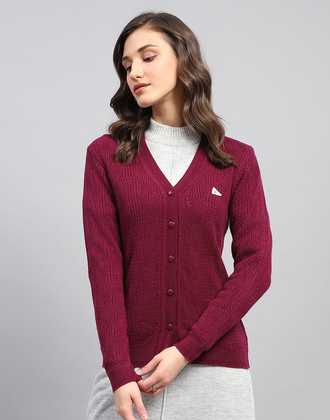 Women Maroon Self Design V Neck Full Sleeve Cardigan