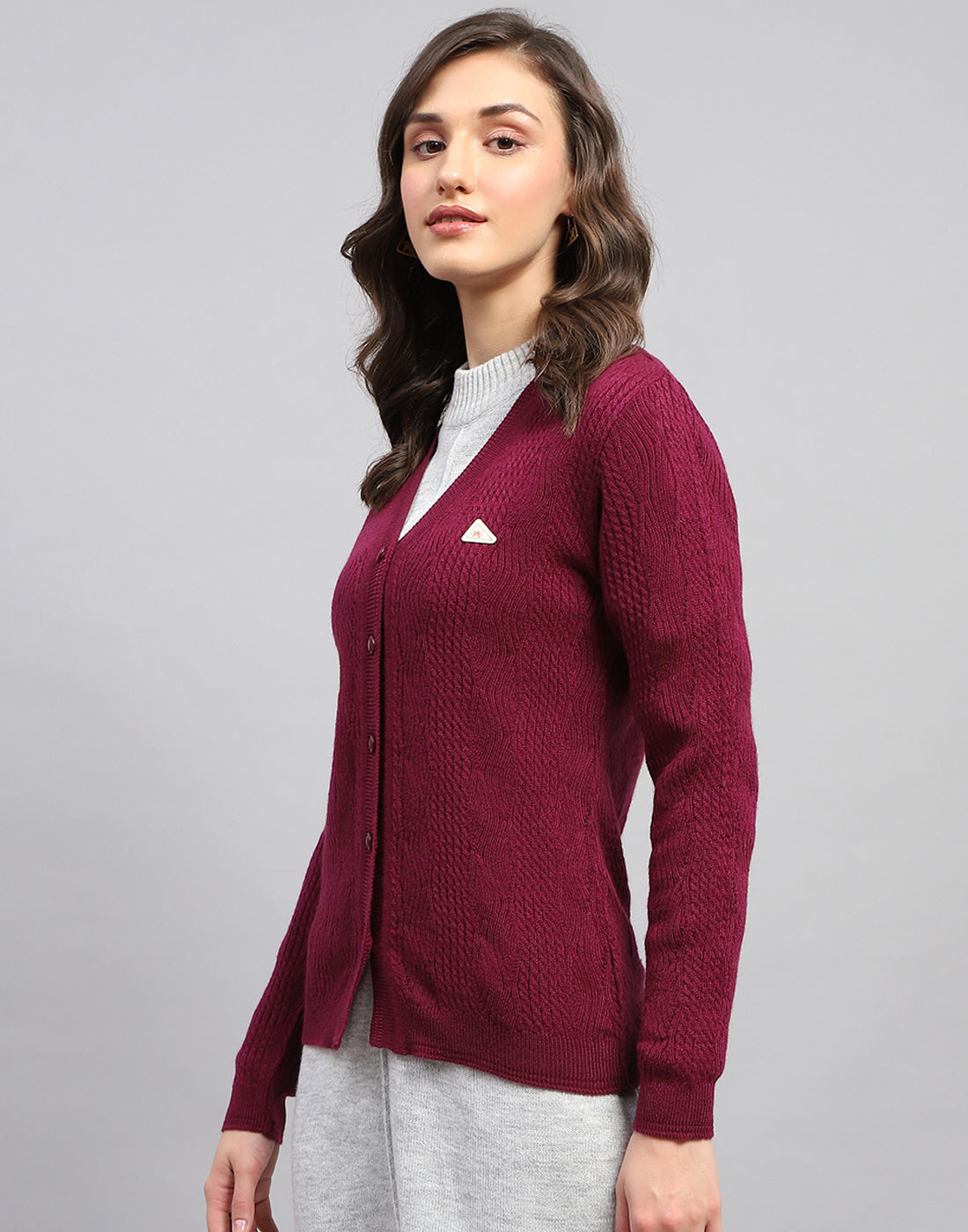 Women Maroon Self Design V Neck Full Sleeve Cardigan