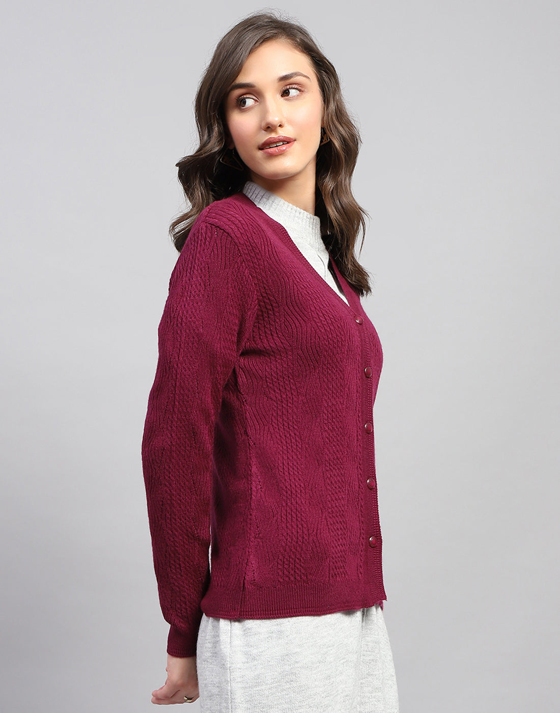 Women Maroon Self Design V Neck Full Sleeve Cardigan