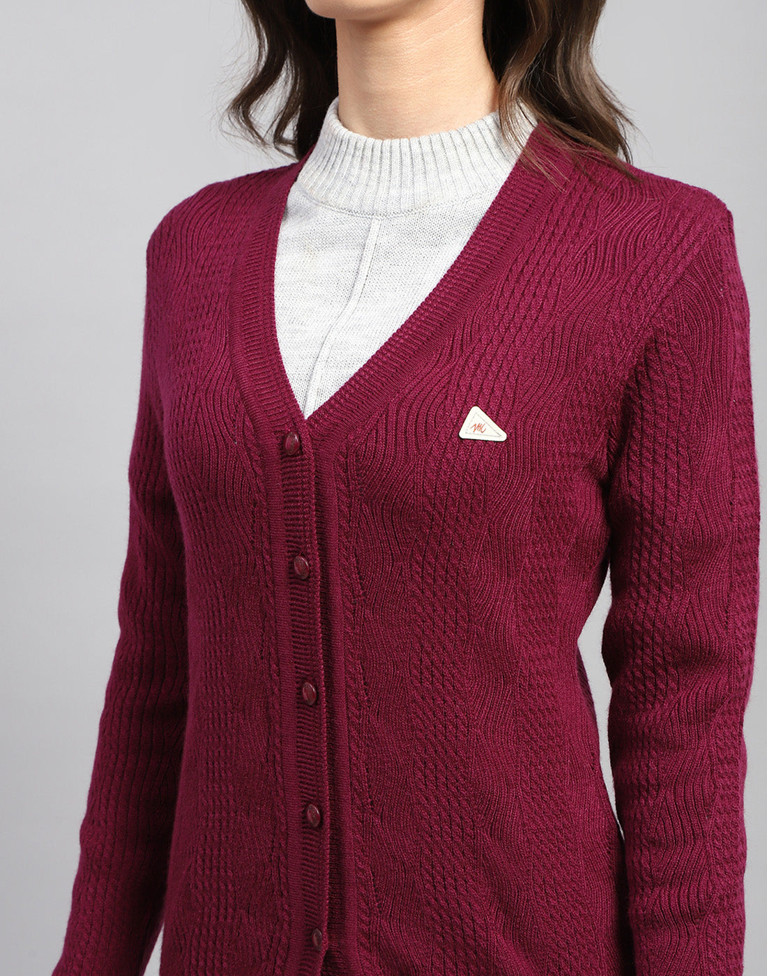 Women Maroon Self Design V Neck Full Sleeve Cardigan