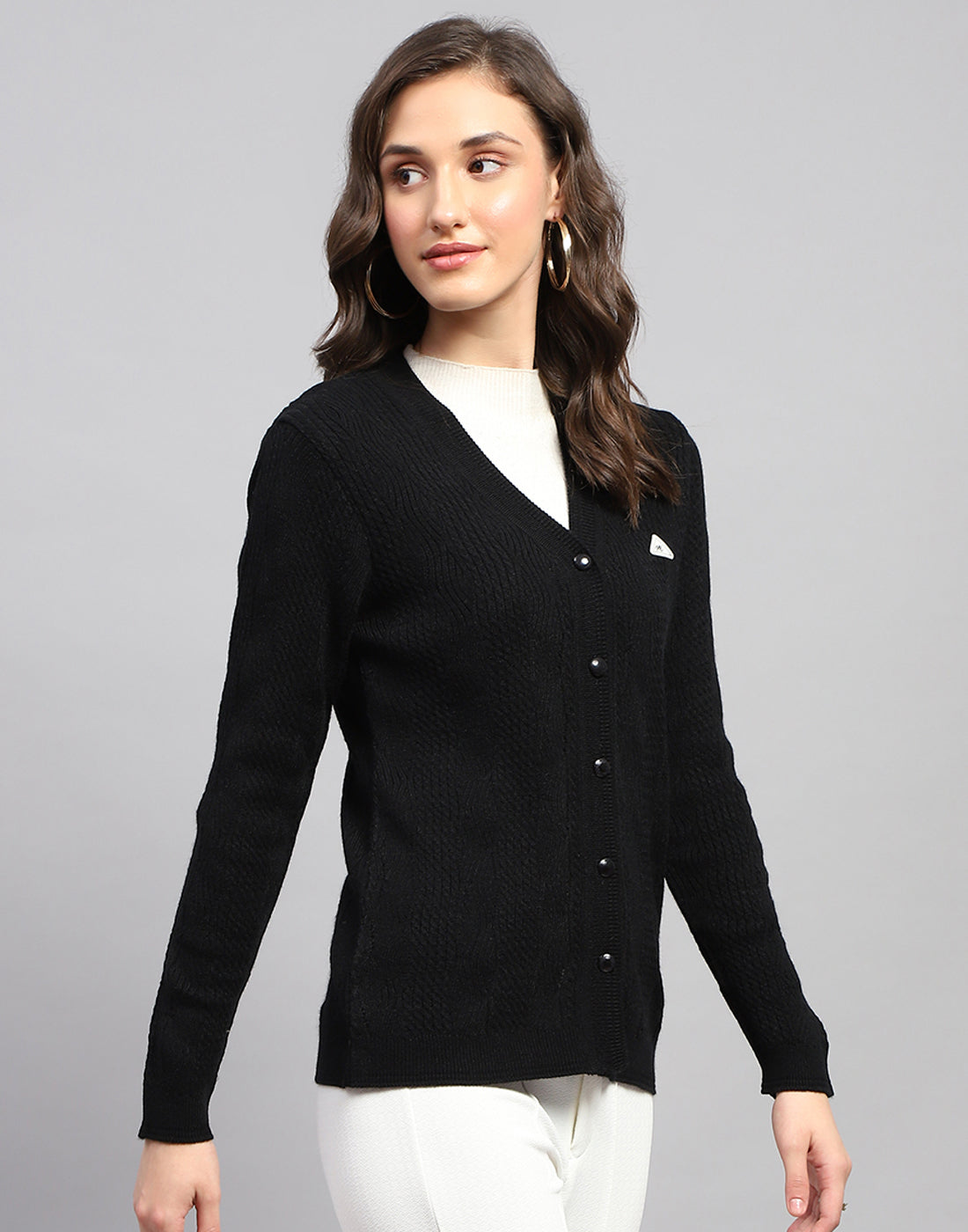 Women Black Self Design V Neck Full Sleeve Cardigan