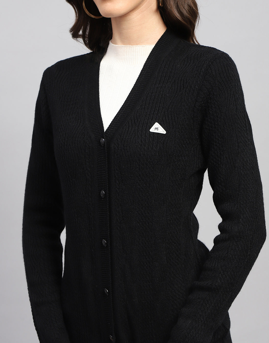 Women Black Self Design V Neck Full Sleeve Cardigan