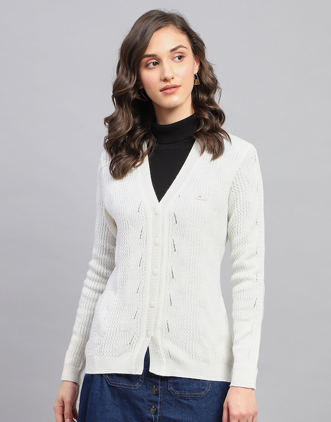 Women White Self Design V Neck Full Sleeve Cardigan