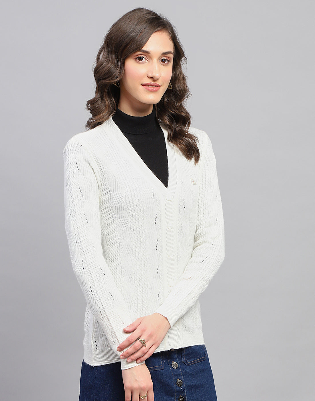 Women White Self Design V Neck Full Sleeve Cardigan