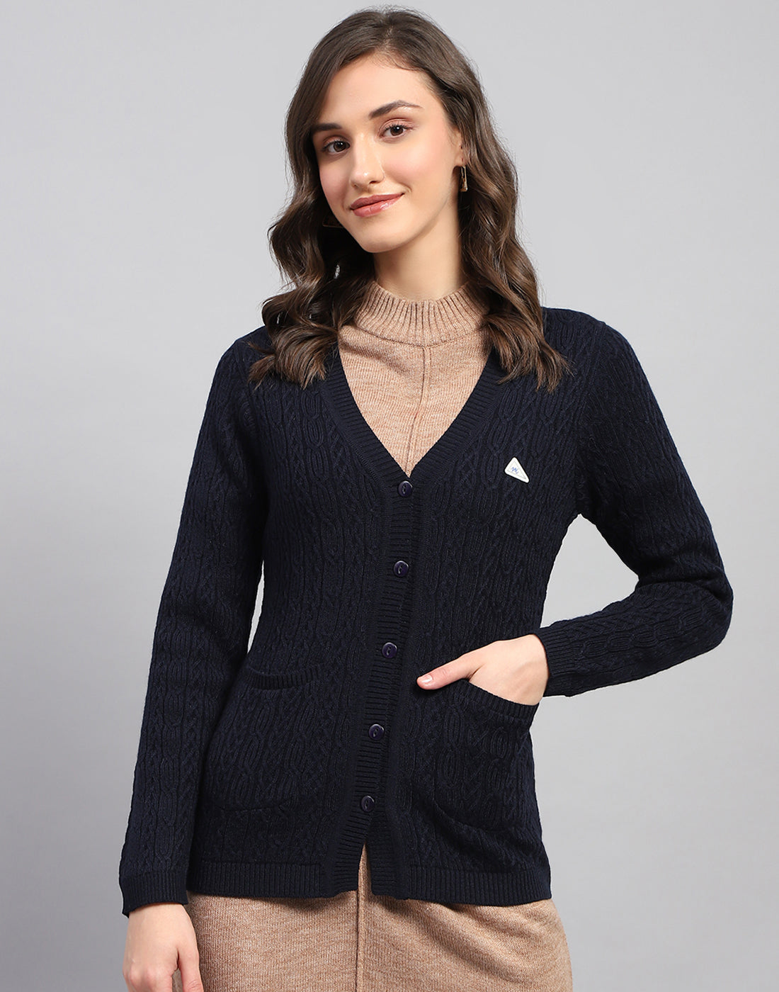 Women Navy Blue Self Design V Neck Full Sleeve Cardigan