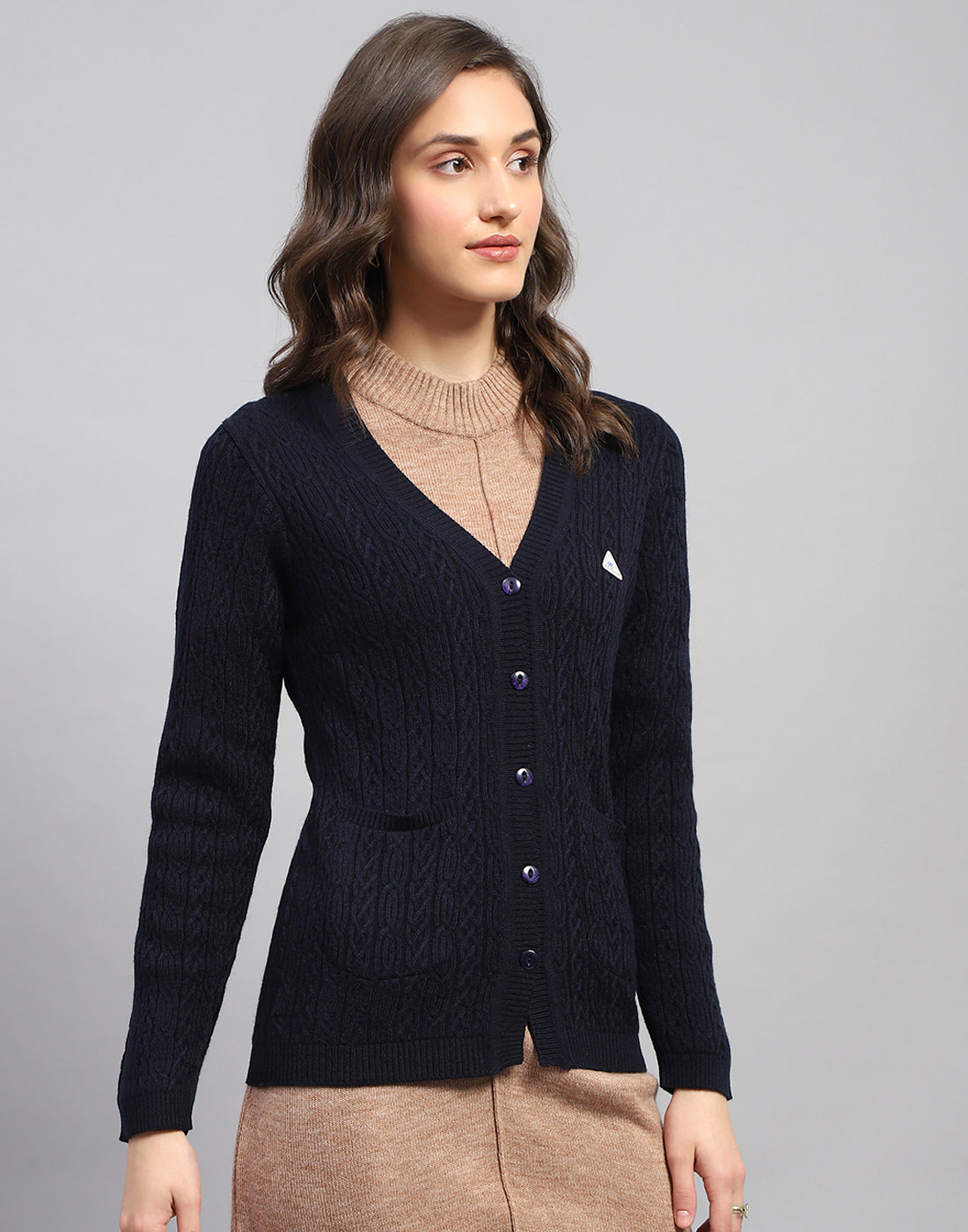 Women Navy Blue Self Design V Neck Full Sleeve Cardigan