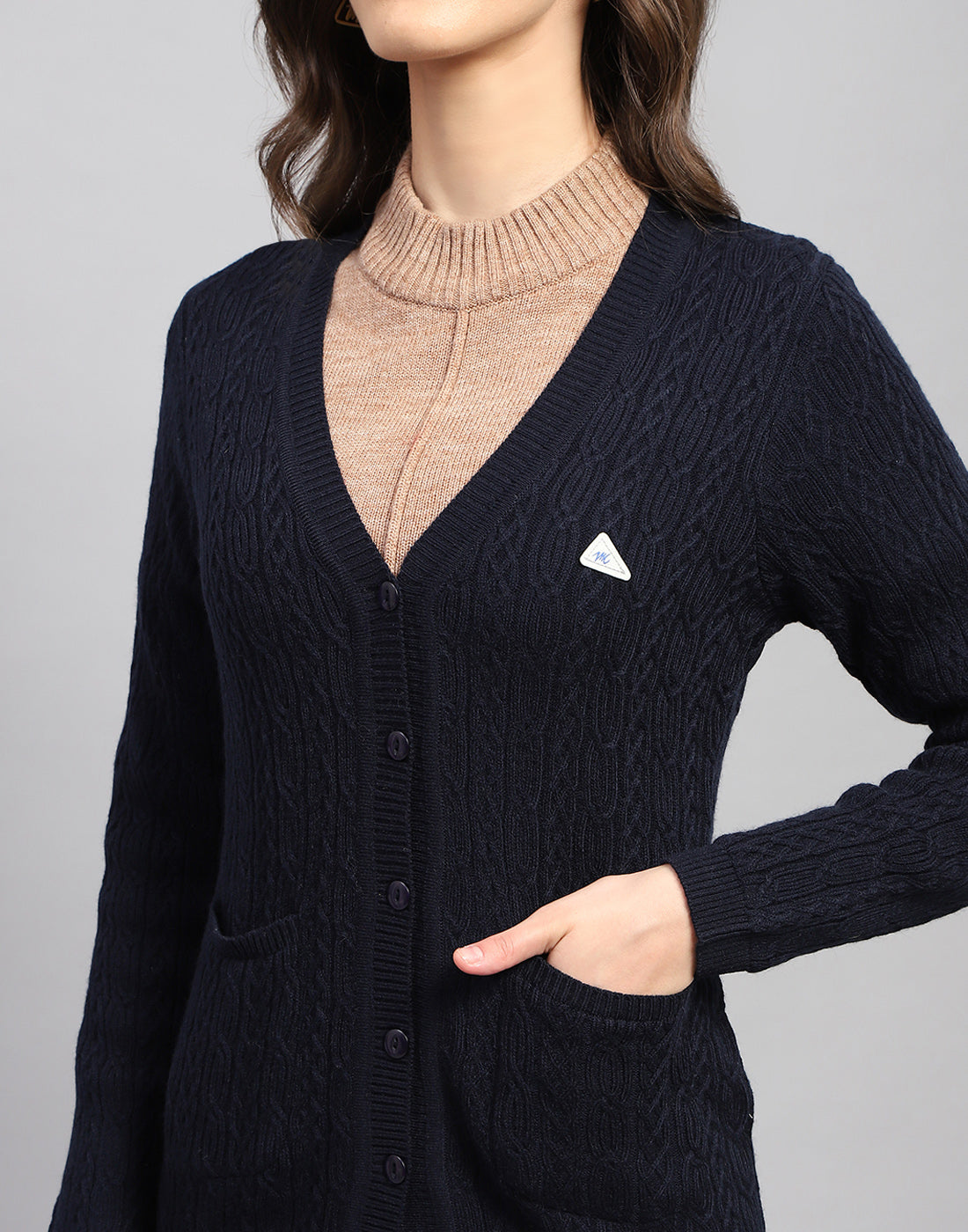 Women Navy Blue Self Design V Neck Full Sleeve Cardigan