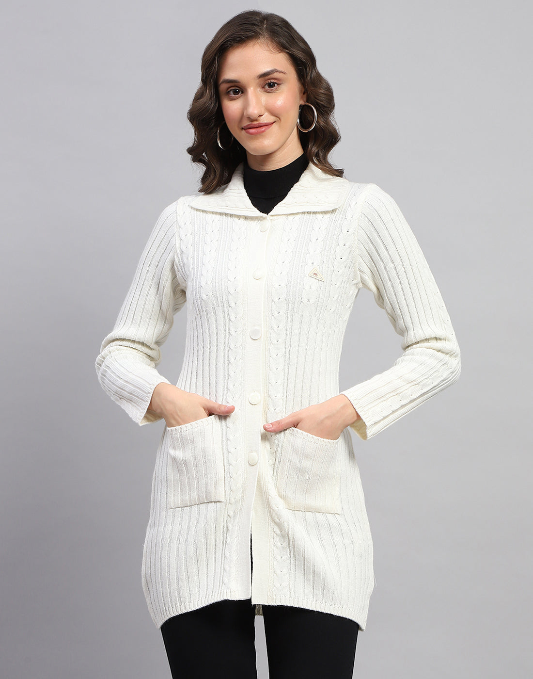 Women White Self Design Collar Full Sleeve Cardigan