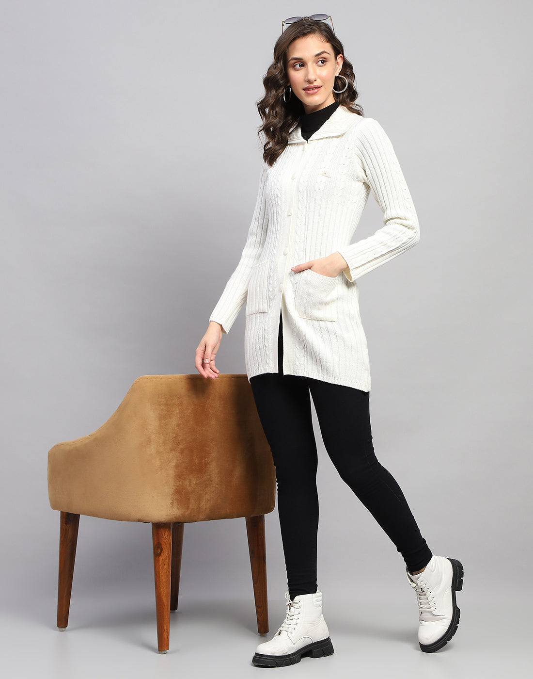 Women White Self Design Collar Full Sleeve Cardigan