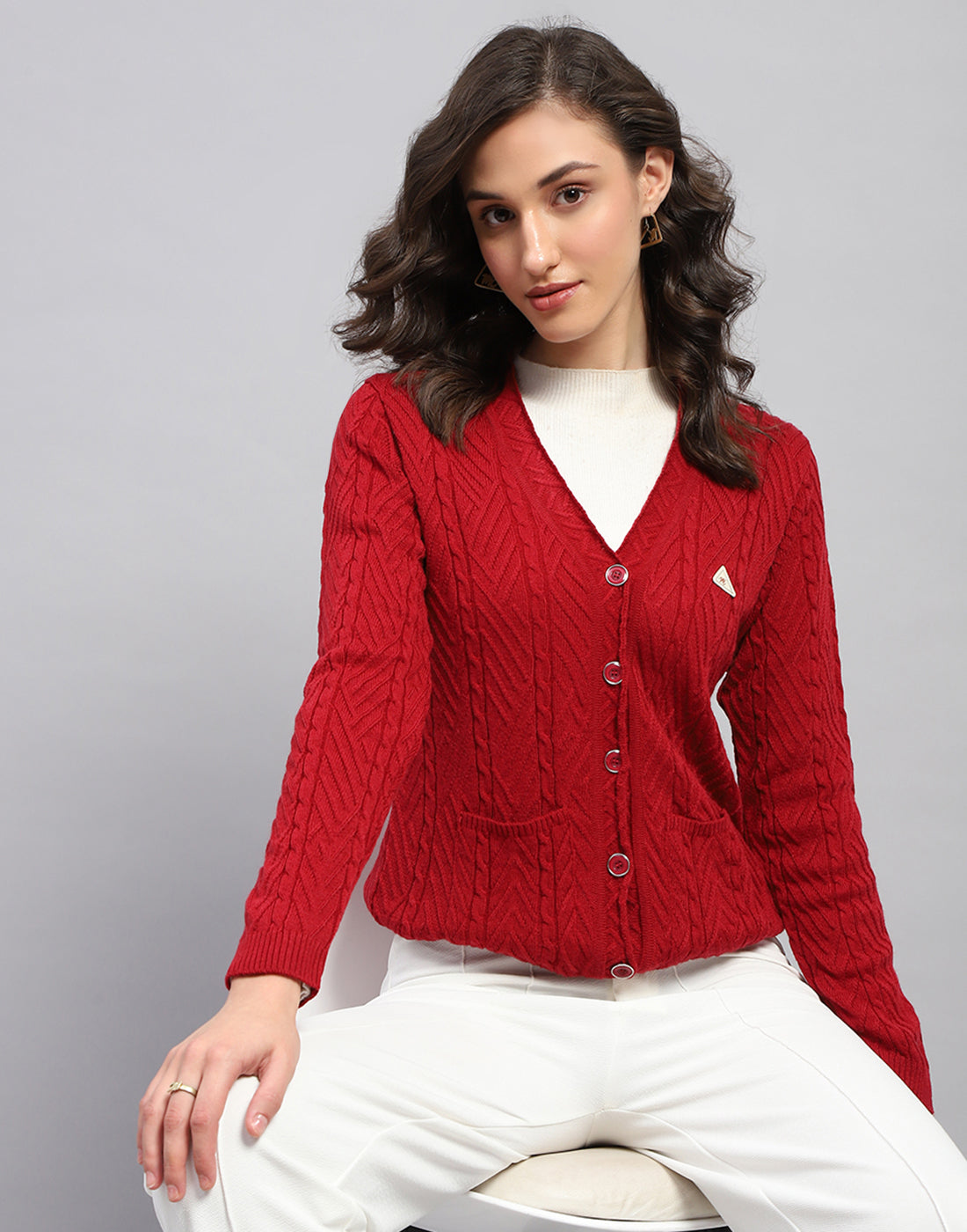 Women Red Self Design V Neck Full Sleeve Cardigan