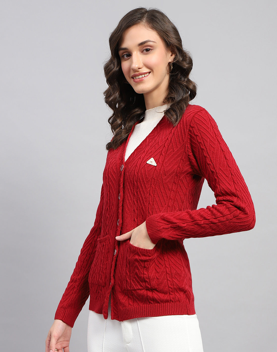 Women Red Self Design V Neck Full Sleeve Cardigan