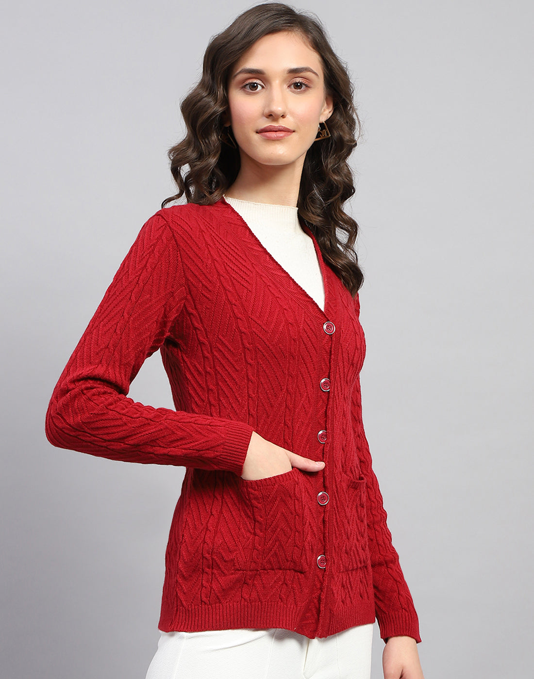 Women Red Self Design V Neck Full Sleeve Cardigan