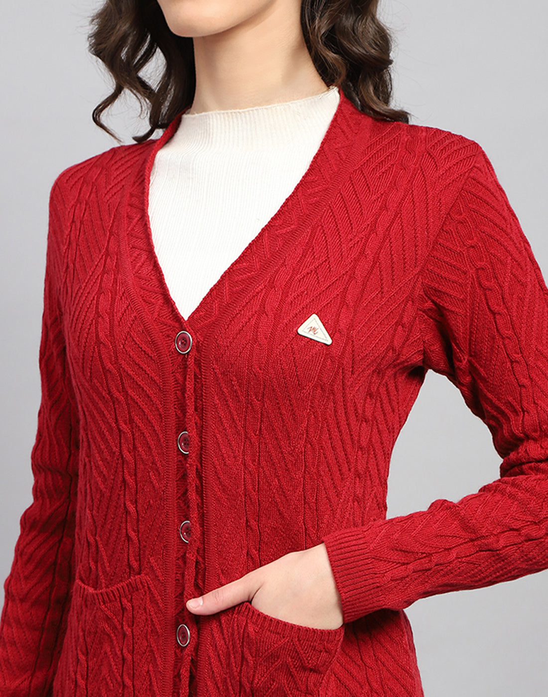 Women Red Self Design V Neck Full Sleeve Cardigan