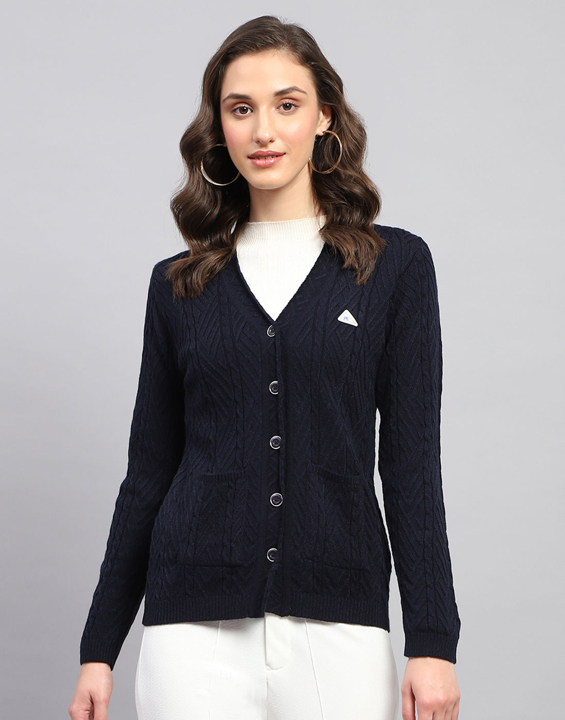 Women Navy Blue Self Design V Neck Full Sleeve Cardigan