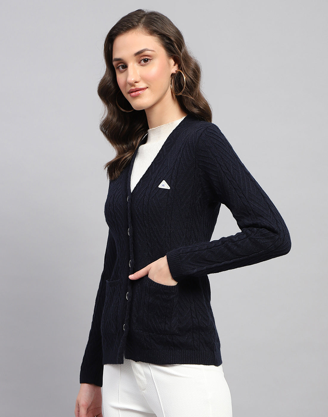 Women Navy Blue Self Design V Neck Full Sleeve Cardigan