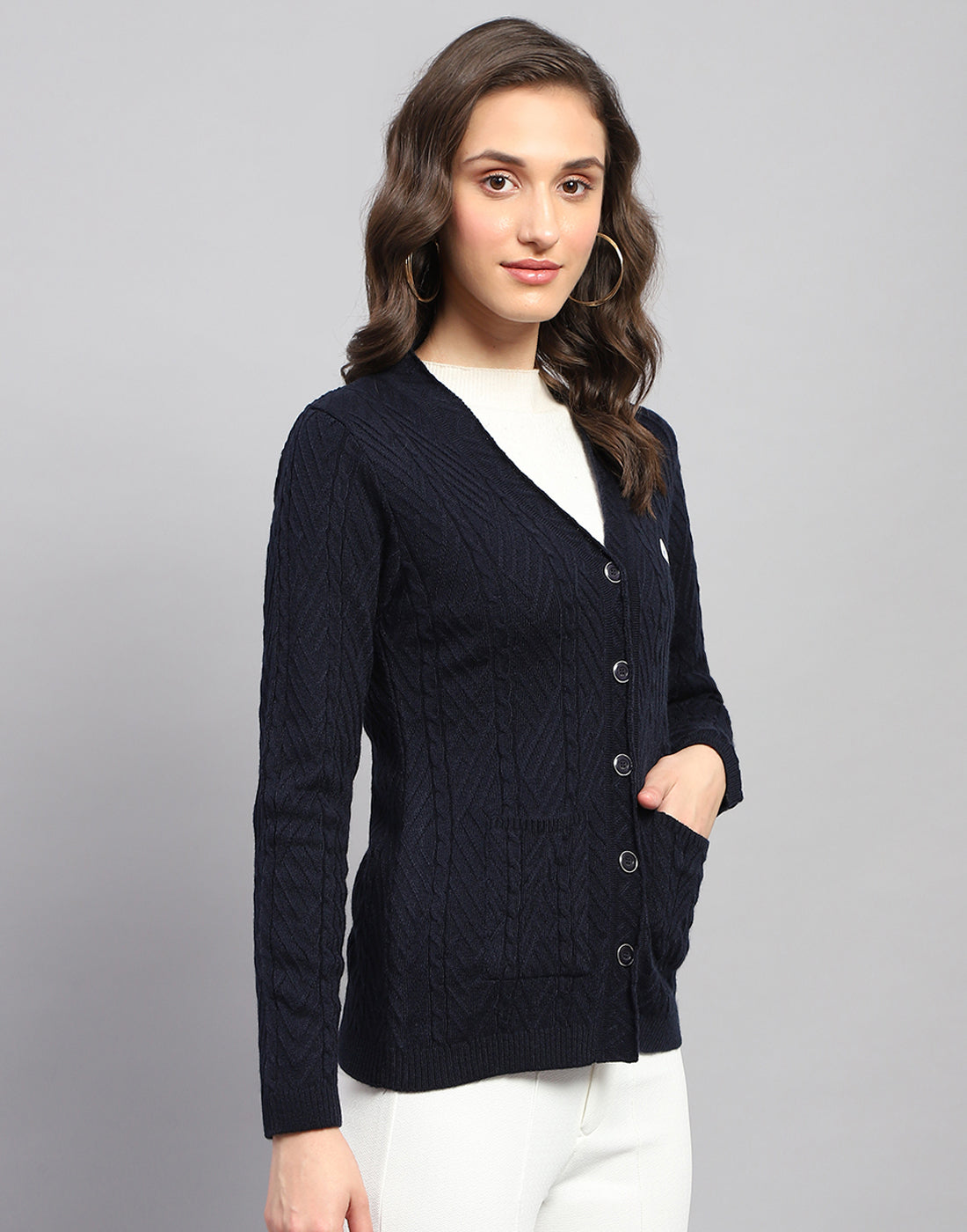 Women Navy Blue Self Design V Neck Full Sleeve Cardigan