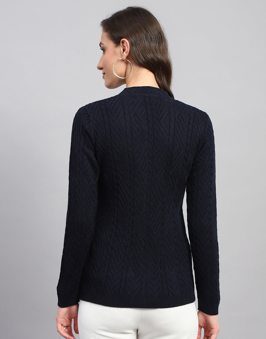 Women Navy Blue Self Design V Neck Full Sleeve Cardigan