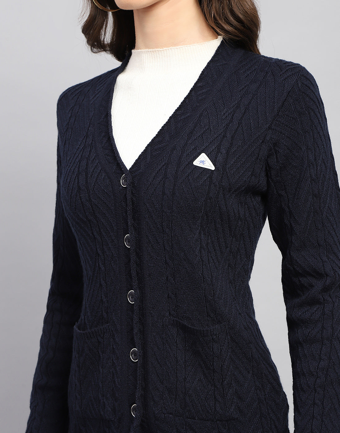 Women Navy Blue Self Design V Neck Full Sleeve Cardigan