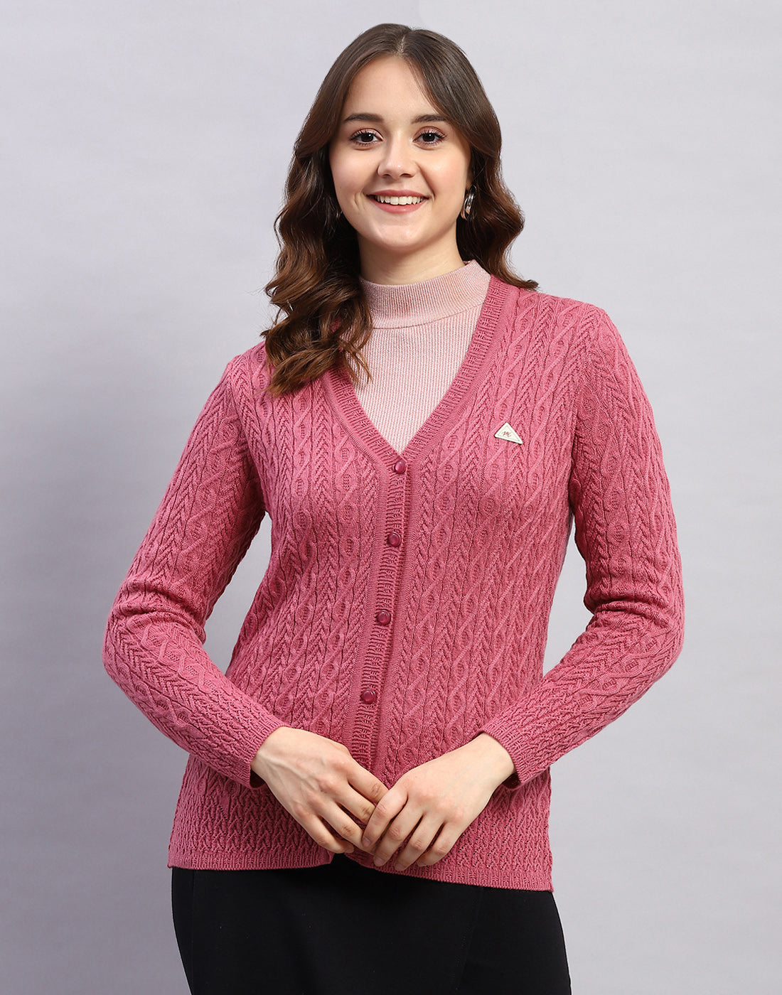 Women Pink Self Design V Neck Full Sleeve Cardigan