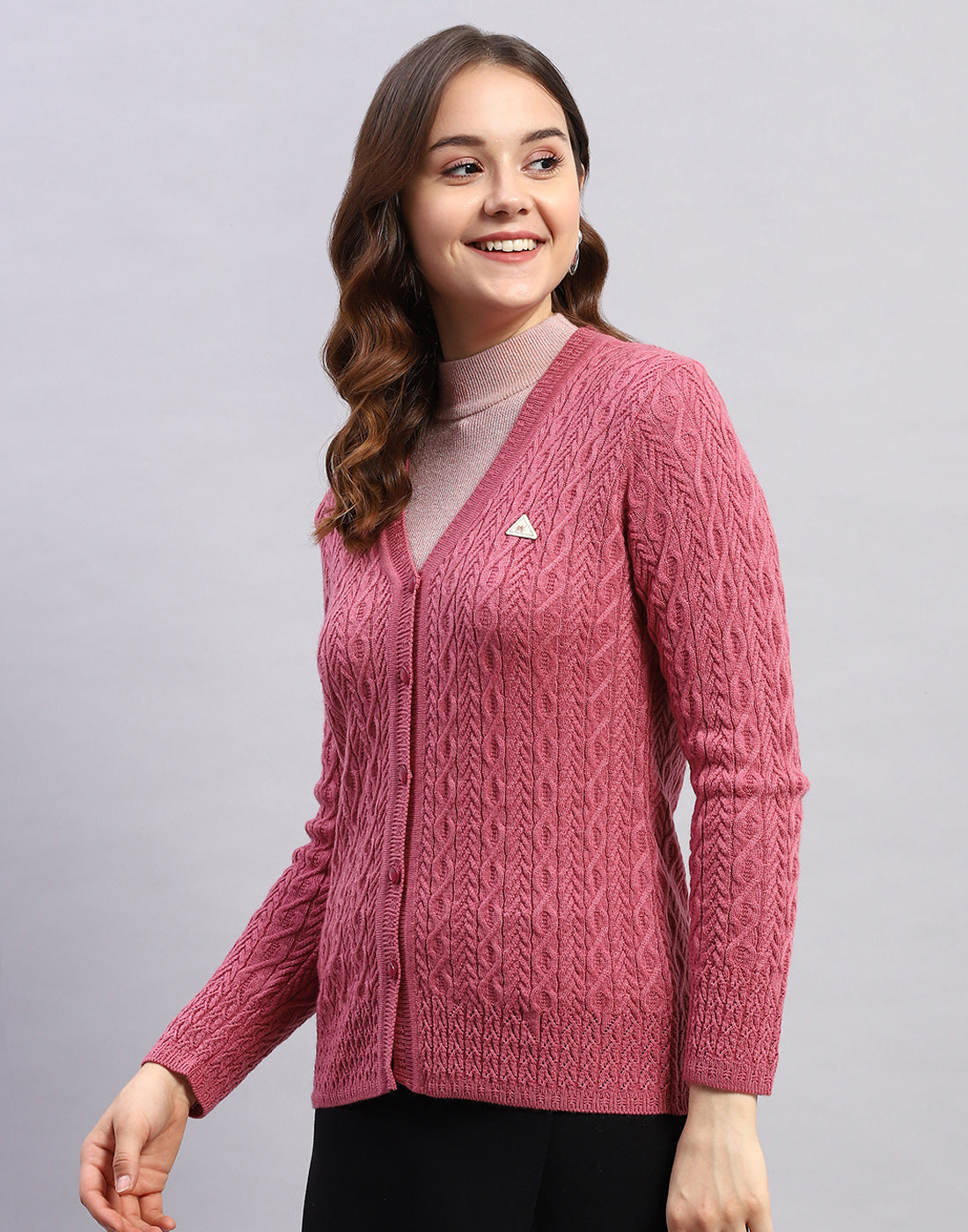 Women Pink Self Design V Neck Full Sleeve Cardigan