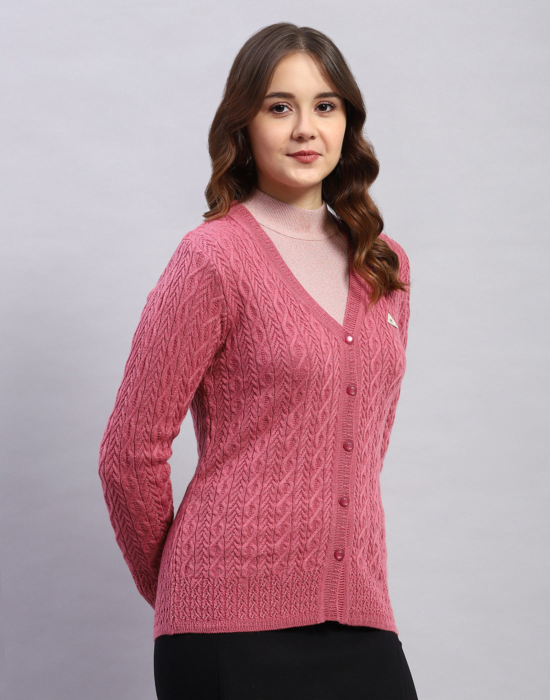 Women Pink Self Design V Neck Full Sleeve Cardigan