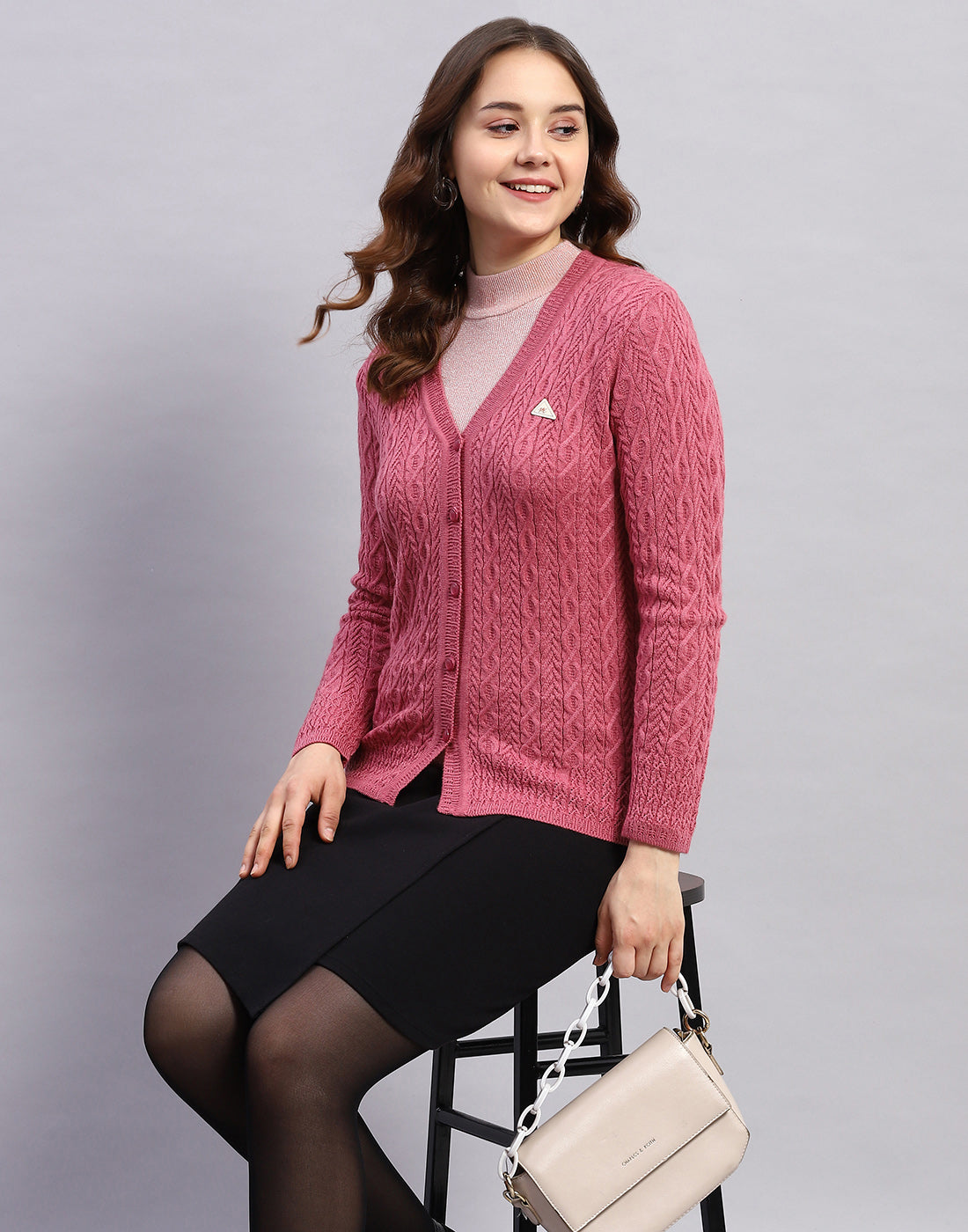 Women Pink Self Design V Neck Full Sleeve Cardigan