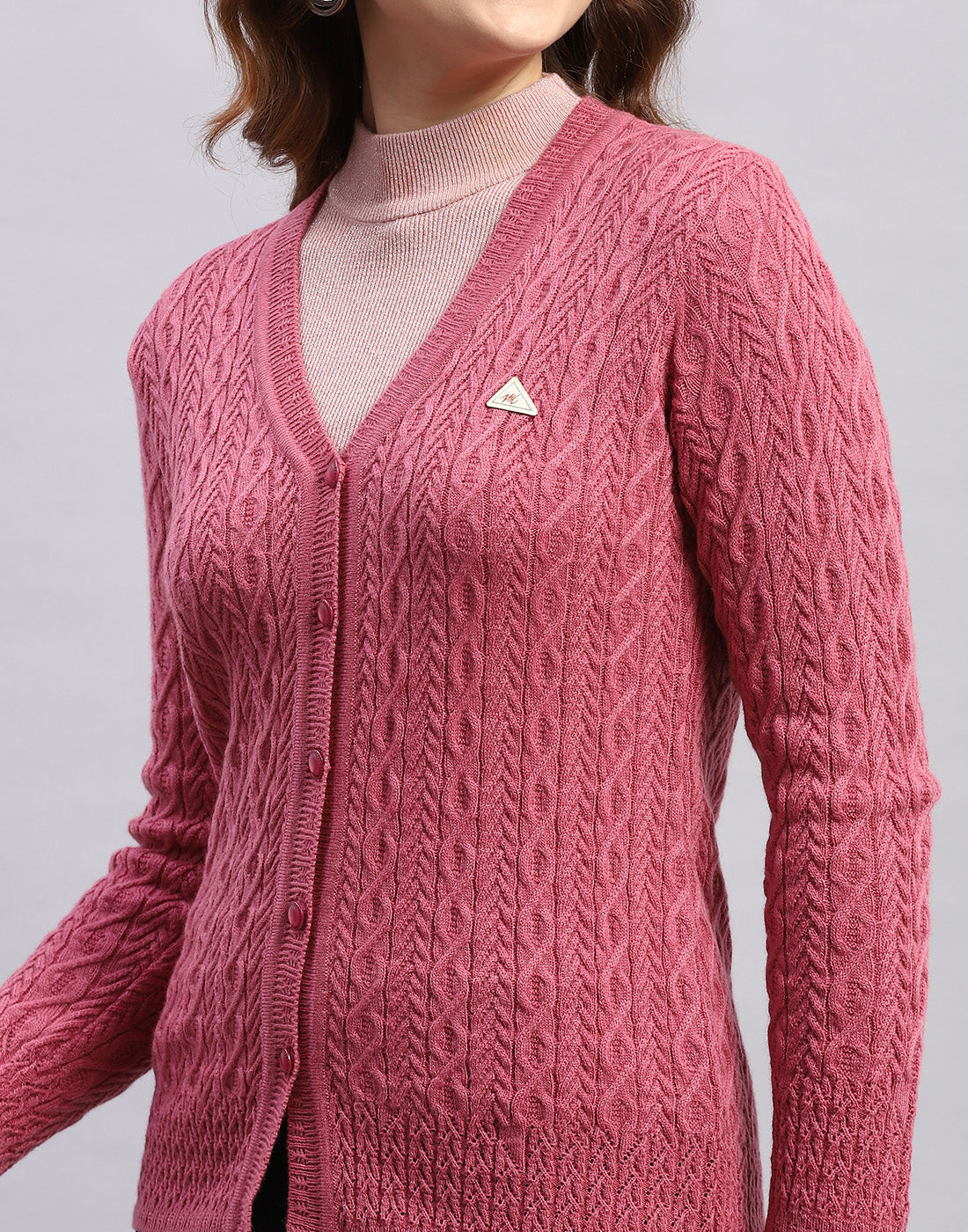 Women Pink Self Design V Neck Full Sleeve Cardigan