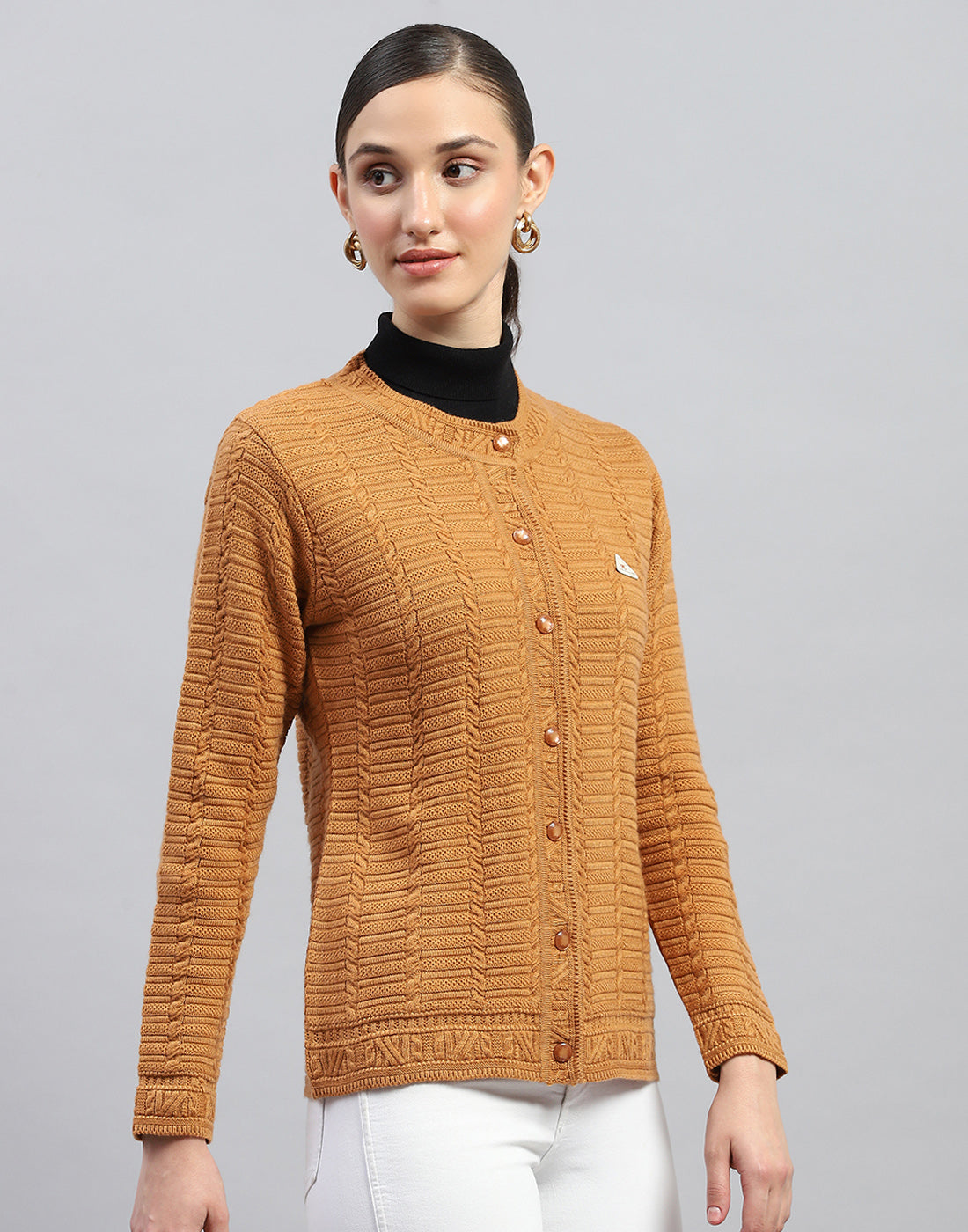 Women Mustard Self Design Round Neck Full Sleeve Cardigan