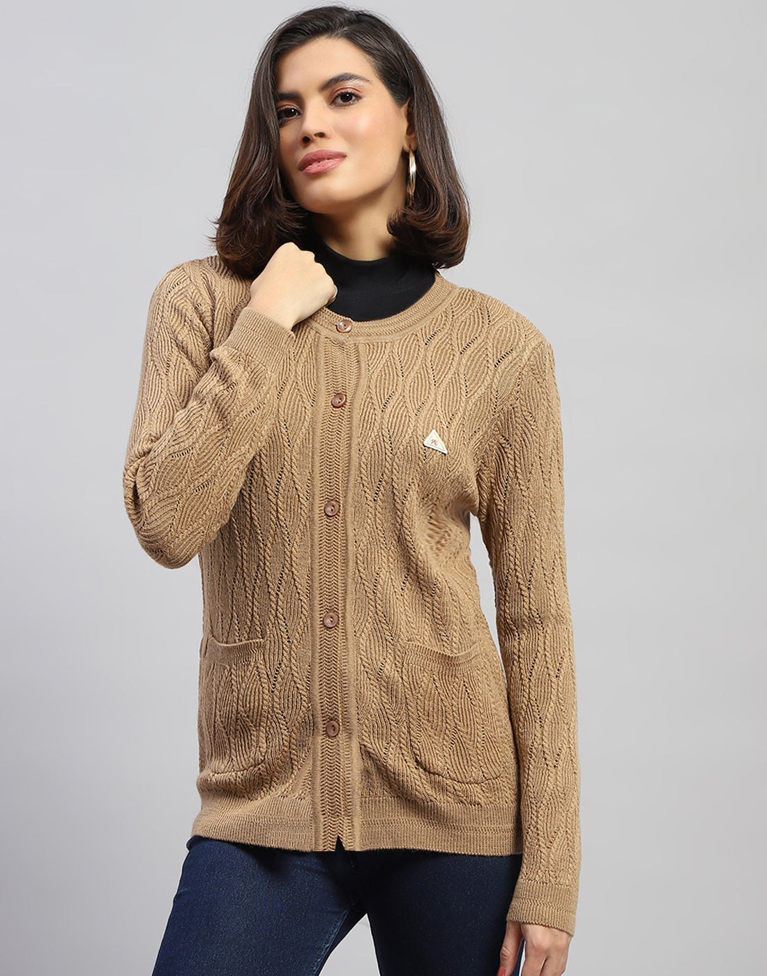 Women Brown Self Design Round Neck Full Sleeve Cardigan