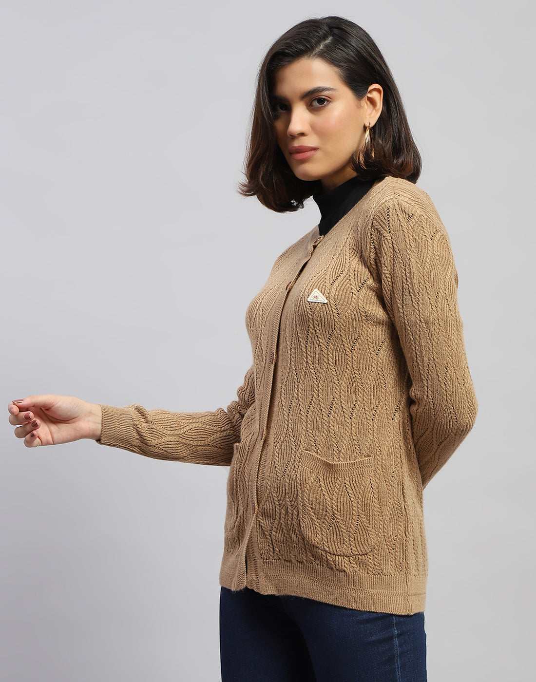 Women Brown Self Design Round Neck Full Sleeve Cardigan