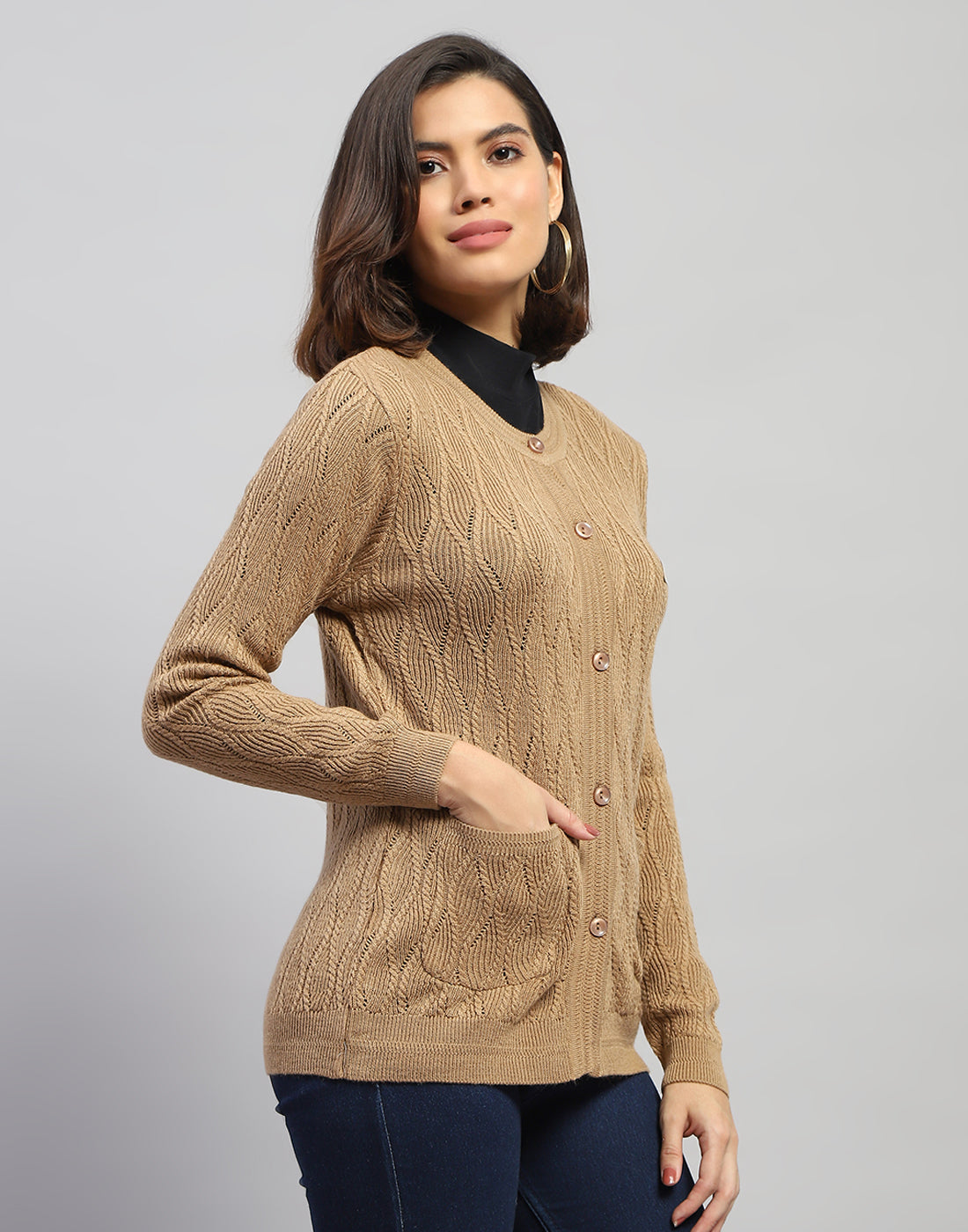 Women Brown Self Design Round Neck Full Sleeve Cardigan