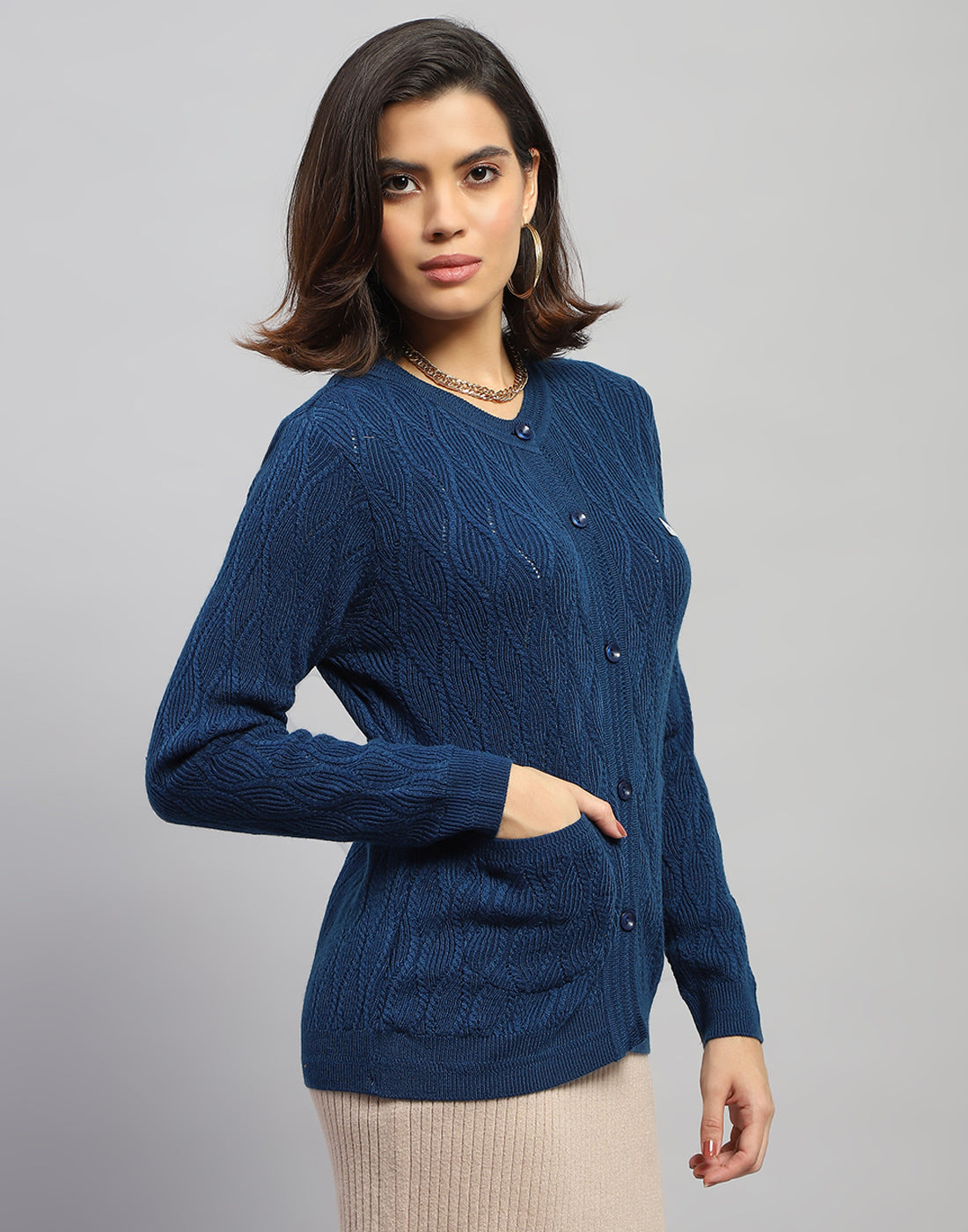 Women Navy Blue Self Design Round Neck Full Sleeve Cardigan