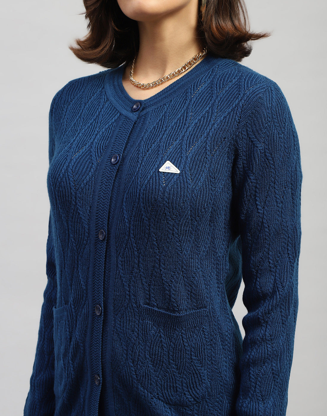 Women Navy Blue Self Design Round Neck Full Sleeve Cardigan