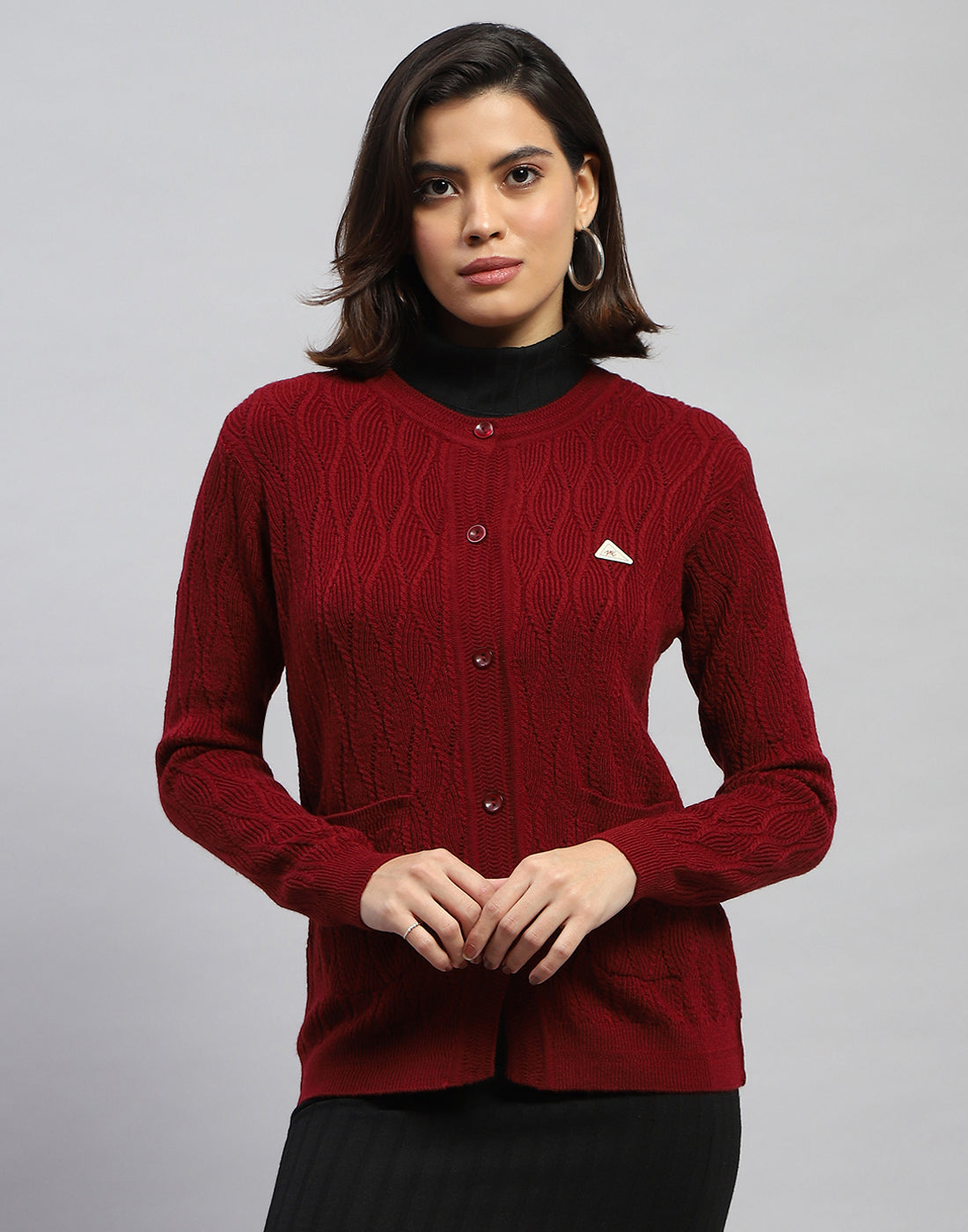 Women Maroon Self Design Round Neck Full Sleeve Cardigan