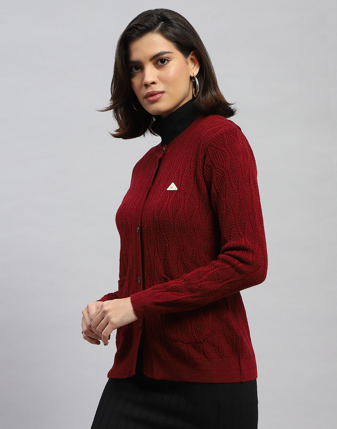 Women Maroon Self Design Round Neck Full Sleeve Cardigan